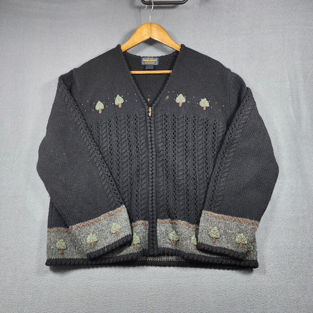 Woolrich Womens Sweater Large Black 100% Lambswool Embroidered Beaded Zip Granny